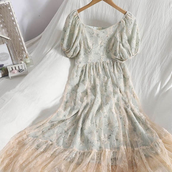 Dress Floral lace combo puff sleeve elegant womens green ruffle - Picture 6 of 16